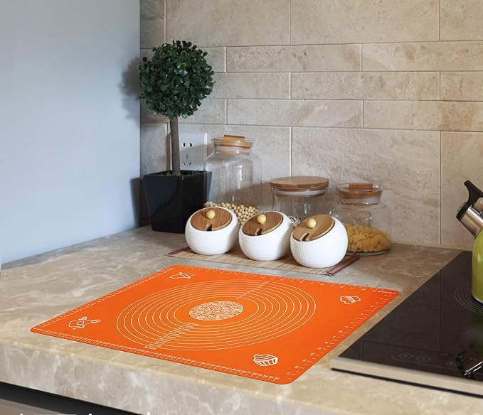 Silicone Baking Mat for Rolling Pastry Dough with Measurements, 25.6 x 17.7 BPA Free Non stick and Non Slip Orange Table Sheet Baking Supplies for Bake Pizza Cake