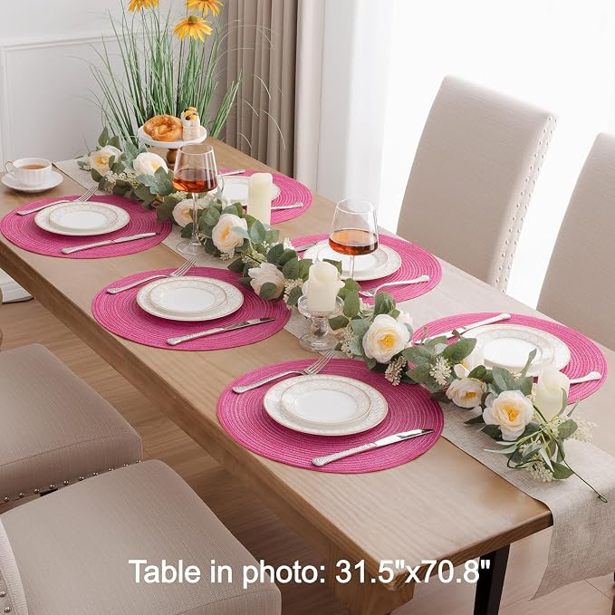 SHACOS Round Placemats Set of 4 Round Table Placemats Braided Cotton Place Mats 15 inch for Kitchen Dining Table Holiday Party (Hot Pink, 4)