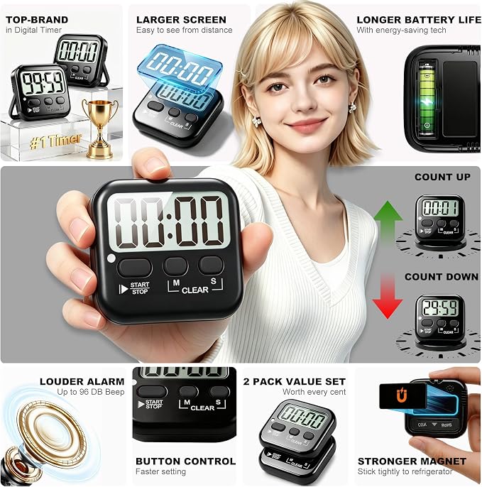 2 Pack Digital Timer for Kids Classroom Kitchen Timers for Cooking | w/ Battery, Easy to View, Alarm, Mute Mode, Count Down/Up, Magnetic, Kickstand, Hanging, Classroom Timer for Teacher Supplies