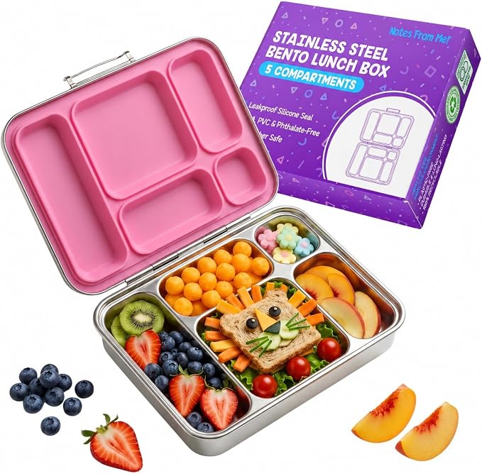 Stainless Steel Bento Lunch Box for Kids – 5 Leakproof Compartments, Food-Grade 304 Steel, Plastic-Free BPA-Free Kids Bento Box for School, Daycare & Travel - Pink
