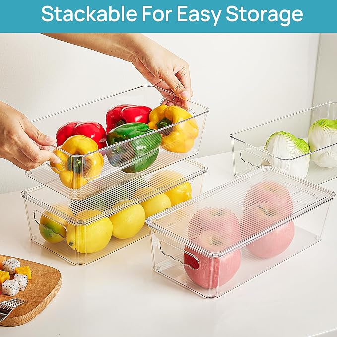 Vtopmart 12pcs Clear Stackable Storage Bins with Lids | BPA-free food-grade PET, Stackable with Lids Included, Easy to Move, For Fridge Freezer Pantry Cabinet Kitchen Organization