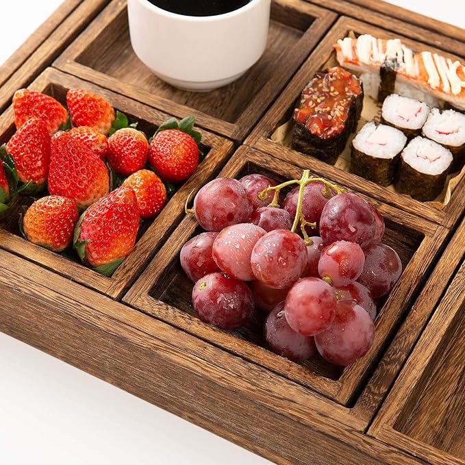 Rustic Wooden Serving Trays with Handle - Set of 7 Rectangular Platters for Entertaining, Breakfast, Coffee Table, Home Decor | 4 Sizes Tray-Snacks to Entrees,Decorative Serving Platter for Breakfast Bed,Lunch,Ottoman,Coffee Table,BBQ-Great for Lap&Sofa