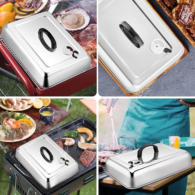 Leonyo 13" Rectangular Basting Cover with 11"x 9" Cooling Rack, Cheese Melting Dome & Wire Rack for Baking, Griddle Accessories with Steam Dome Lids for Oven, BBQ Flat Top Grill Cooking