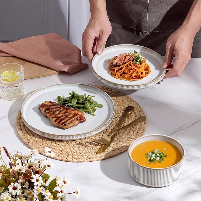 E-far Stoneware Dinnerware Sets for 2, 6-Piece Plates and Bowls Sets, Beige | Plate Set for 2, Chip & Scratch Resistant Ribbed Dish Set for Home Restaurant, Microwave & Dishwasher Safe, Creamy Beige