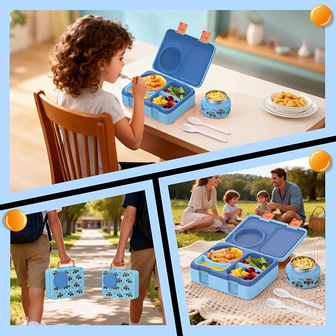 Bento Lunch Box for Kids Adult, Leakproof 3-4 Compartment Bento Box Set with Insulated Food Jar,Water Bottle, Lunch Bag, School Lunch Container for Toddler Teen Girls Boys Ages 3+(Vehicle)