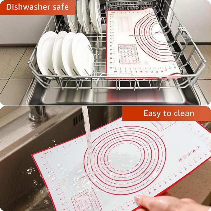 Silicone Baking Mat Dough Mat Non-Slip and Reusable Red | 0.7mm NewUpgraded Mat for Rolling Out Dough, Non Stick Silicone Mats with Measurements for Cookies, Macaroon, Bread, Pastry