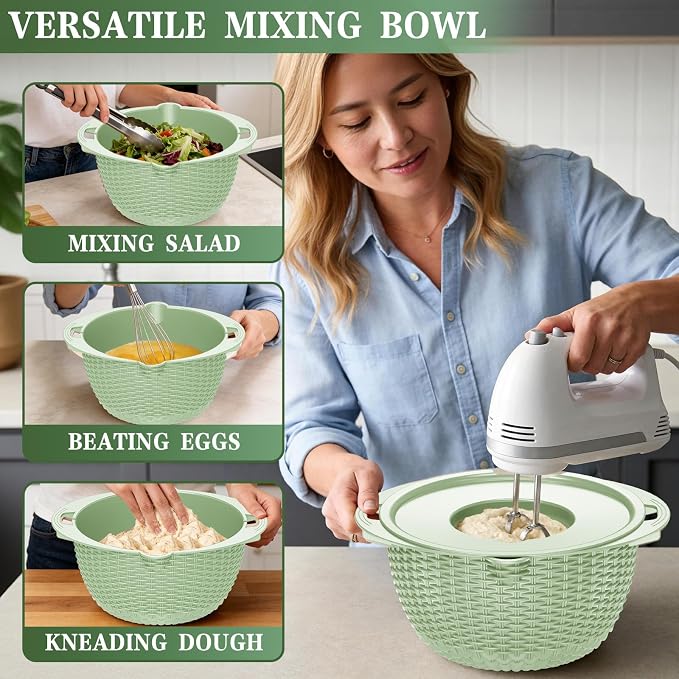 4-1 Colander with Fruit Bowl Set - Colander for Kitchen, Rotatable Strainers and Colanders(Patented), Pasta Strainer with New Upgraded Graters for Fruit, Veggie, Aesthetic Kitchen Essentials - Green