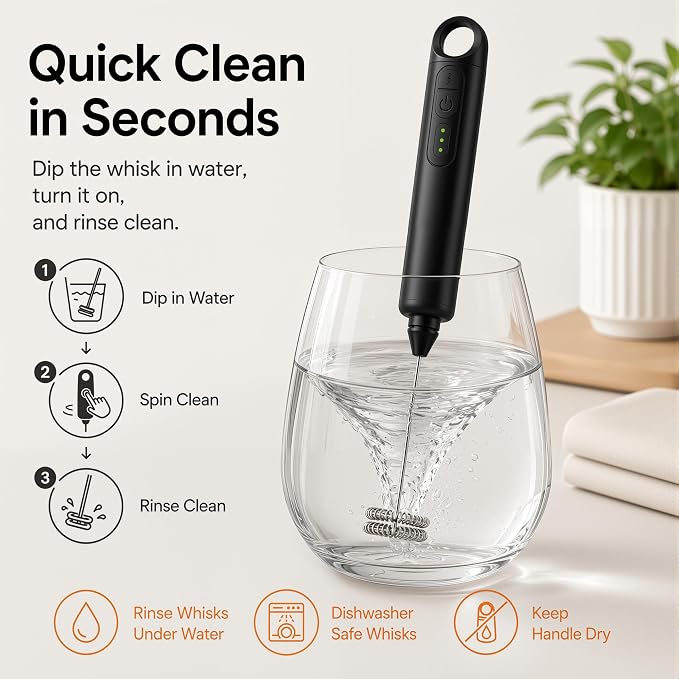 Rechargeable Milk Frother Handheld 3 Speed Coffee Foamer [3 Whisk] Electric Drink Mixer for Latte, Cappuccino, Coffee, Eggs, Hot Chocolate, Protein Black