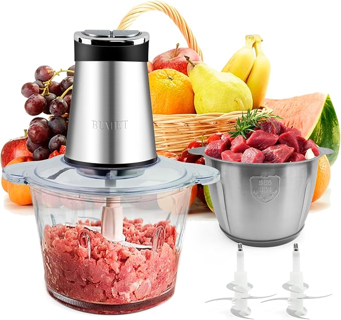 BUMET 800W 2-12cup Food Chopper LED Timer 3-Tier 6 Blades | duo-bowl with LED countdown, 6-edge stainless tier-cutter. Handles roasts, root veg, nuts – bulk family prep made easy.