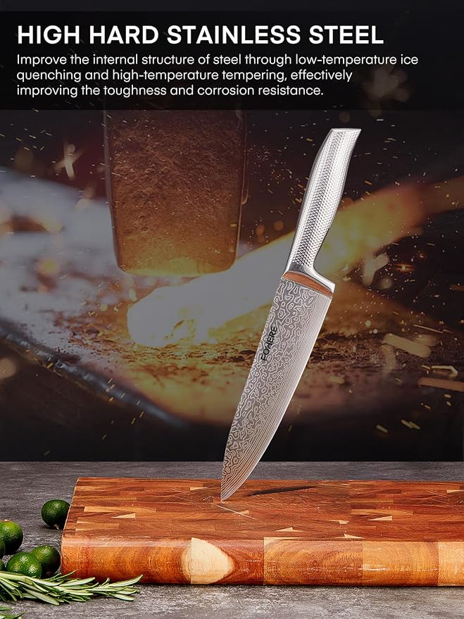 Knife Set, FOHERE 7 Pieces Kitchen Knife Set with Built-in 5 x Sharpeners, Waved Texture Knife Set with Block, Stainless Steel Knife Block Set, Sharp Knives Set with Ergonomic Handle