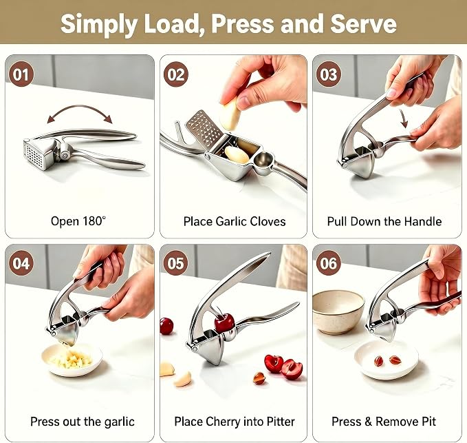Garlic Press, Zinc Alloy Garlic Ginger Crusher & Mincer Tool Heavy Duty Garlic Mincer & Grinder with Large Chamber Multiple Studs Dishwasher Safe Ergonomic Handle Easy Squeeze Kitchen Essential
