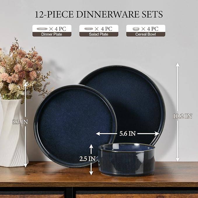 E-far 12-Piece Plates and Bowls Sets, Stoneware Dinnerware Dishes Sets for 4, Kitchen Modern Dining Dishware, Chip & Scratch Resistant, Microwave & Dishwasher Safe, Midnight Blue