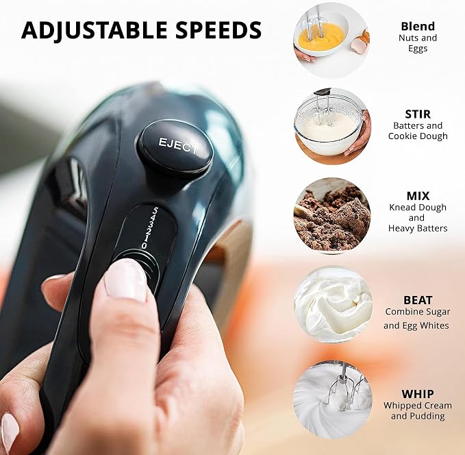 AIWA 5-Speed Hand Mixer with Eject Button, Electric Handheld Mixer for Cream, Batter, Eggs & Baking, Stainless Steel Beaters, Dishwasher-Safe, Lightweight Compact Design, Black