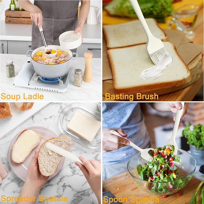 LIANYU 15 Pcs Cooking Kitchen Utensils Set with Stainless Steel Handle | Silicone Kitchen Gadgets with Holder, Heat Resistant Spatula Tools, Brush Spoon Tong Whisk Ladle Turner for Cookware, White