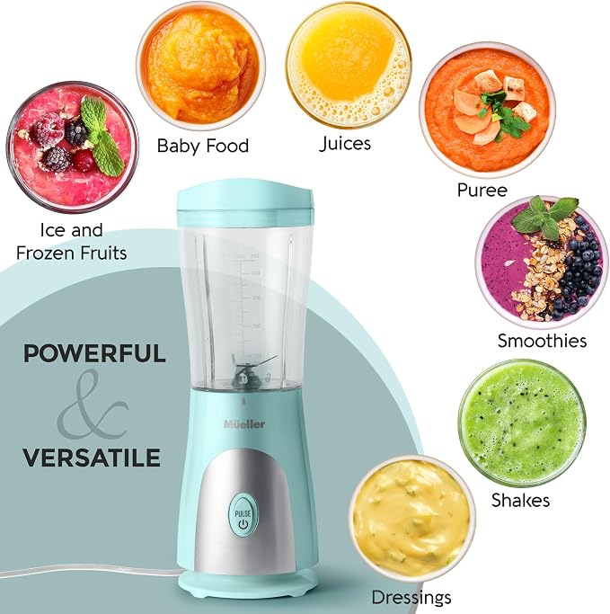 Mueller Heavy-Duty Personal Blender for Shakes and Smoothies with a 15 Oz Travel Cup and Lid, Juices, Baby Food, Portable Blender & Food Processor, Turquoise