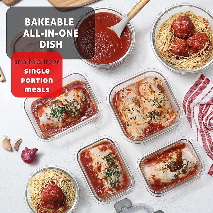 EATEX 16pc Glass Storage Containers with Lids, 8 Glass Food Storage Containers with 8 Airtight Lids for Pantry & Kitchen, Meal Prep Containers for Lunch, Oven Freezer Microwave & Dishwasher Safe