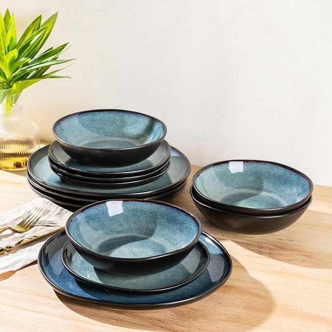 AmorArc Ceramic Dinnerware Sets for 6, 18Pcs Plates and Bowls Sets Dishes | Stoneware Handmade Reactive Glaze Dinner Set, Highly Scratch Resistant | Dishwasher & Microwave Safe Dishware