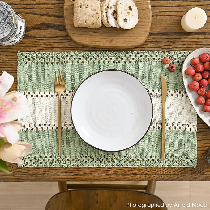 Artoid Mode Light Green Farmhouse Rustic Placemats Set of 4,12x18 Inch Seasonal Hollow Table Mats Party Kitchen Dining Decoration