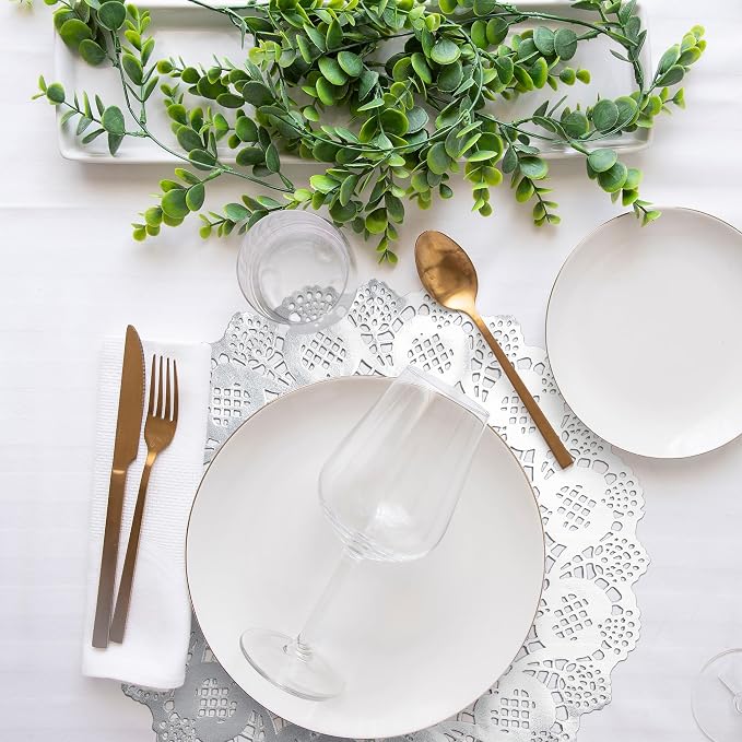 MCEAST 100 Pack Round Silver Paper Doilies 13.5 Inches Lace Paper Place Mats Rustic Scallop Doily Disposable Table Pads for Food Cakes Crafts Party Weddings Tableware Decor