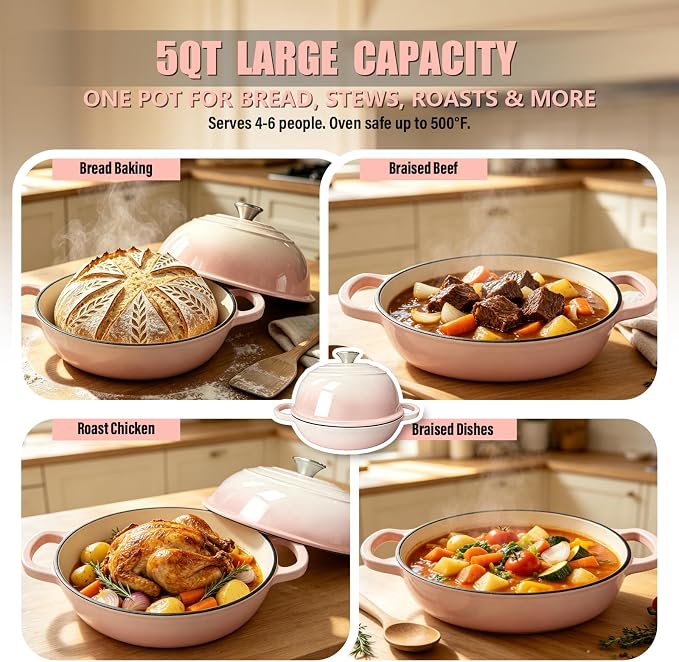 Cast Iron Bread Dutch Oven 6QT Cream Enameled with Lid | Even Heat and Steam for Crispy Crust, Easy-release Enamel, All Stovetops, Safe to 500F, For Sourdough and Artisan Bread