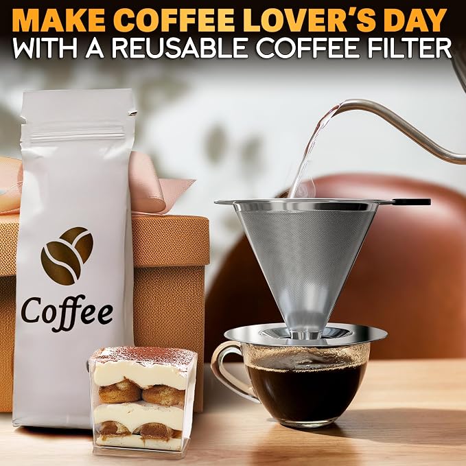Stainless Steel Pour Over Coffee Dripper Set with 2 Cups, 600 Mesh | Pour Over Coffee Maker, Double Mesh Filter, Wide Base, Silicone Handle, Cleaning Brush, Paperless Flavor, for Loose Coffee