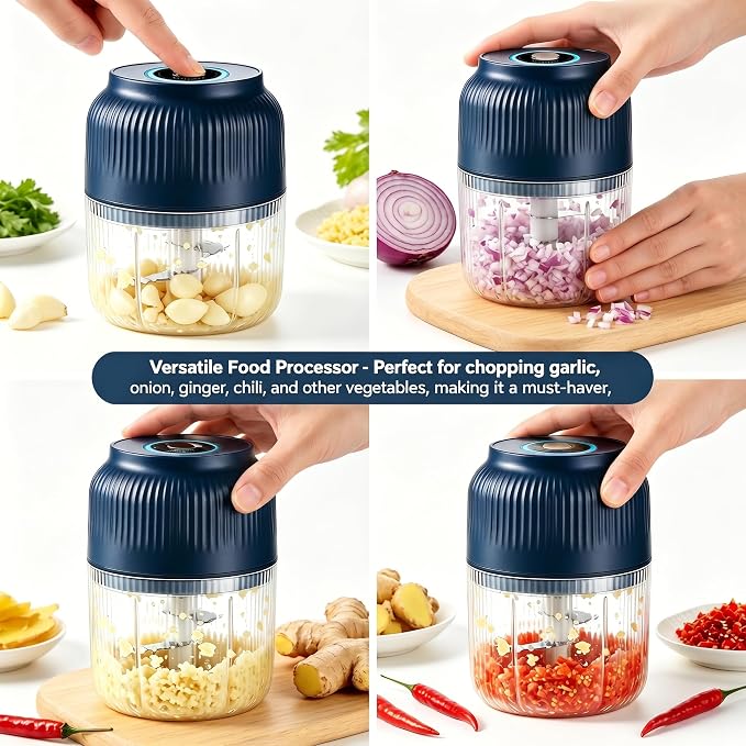 Electric Garlic Chopper, Food Chopper USB Rechargeable, Mini Vegetable Chopper, Garlic Mincer and Onion Chopper, Portable Small Food Processor for Ginger, Chili, Vegetables (Blue, 400ML)