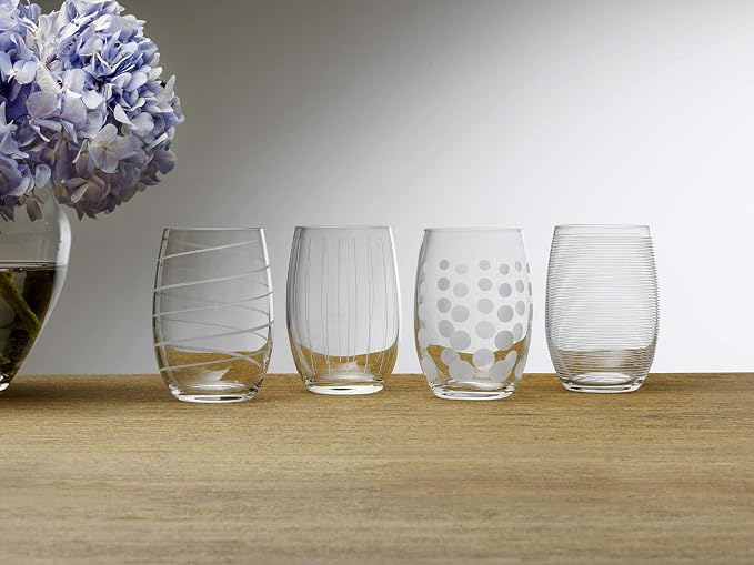 Mikasa Cheers Stemless Wine Glasses, Set of 4, 17-Ounce Clear Glasses, Durable and Elegant, Perfect for Red or White Wine, Dishwasher Safe