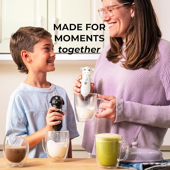 Zulay Kitchen Cow Milk Frother Wand – Cutesy Frother, Meet Your New Frothing Buddy Daisy The Cow, Adoption Papers and Stickers Included, Purrr-fect for Lattes, Cappuccino & Matcha – White