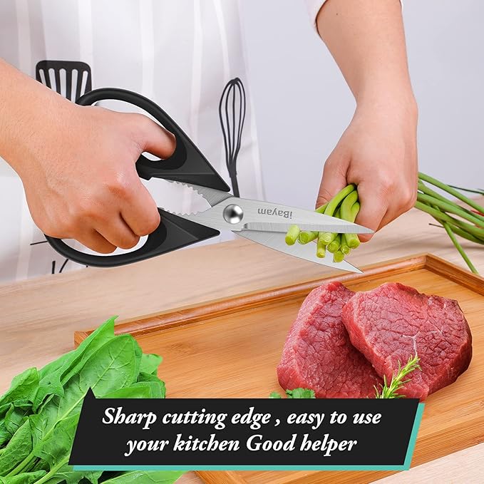 iBayam 2 Pack All Purpose Kitchen Scissors Shears Heavy Duty, Blade Covers | Stainless Steel Blade, Soft Comfort-Grip Handle, Dishwasher Safe, Food & Meat Scissors, Home, Kitchen, Dining Utility Gadgets