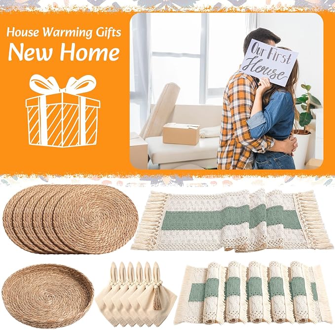 6 Sets Boho Decoration Placemats Round Woven Placemats, Cloth Napkins, Wood Bead Napkin Rings, Long Table Runner and Farmhouse Burlap Cotton for Table Kitchen (Green,12x72)