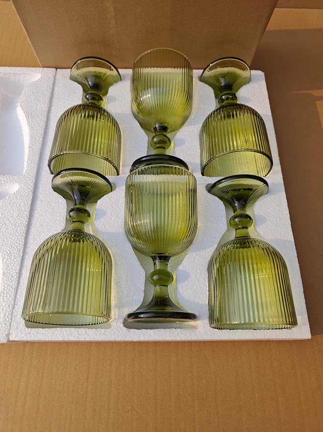 Vintage Green Wine Glasses Set of 6, 14 oz Green Goblets Glassware Drinking Glasses, Colored Glassware Wine Glasses for Beer, Water, Cocktail, Juice, Whiskey, Wedding Party Bar