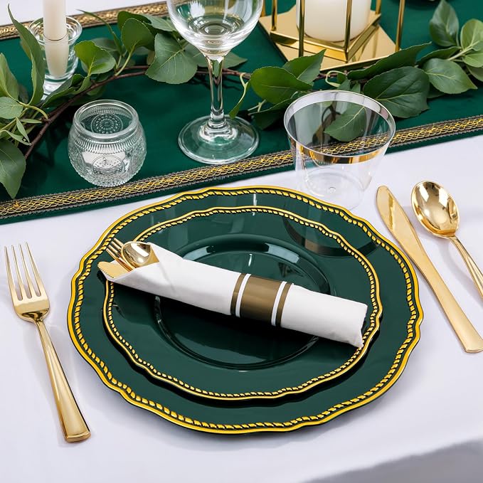 350 Pcs Green Gold Plastic Plates Wedding & Party | Gold Plastic Dinnerware Set Includes 50 Dinner Plates, 50 Dessert Plates, 50 Gold Utensils, 50 Napkins