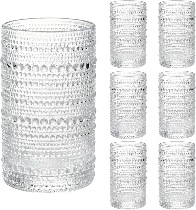 Moretoes Large 15oz Hobnail Drinking Glasses Set of 6 | Glass Cups, Kitchen Drinkware Glassware,Embossed Water Tumbler for Beer,Cocktail,Whiskey,Juice and Various Mixed Drinks