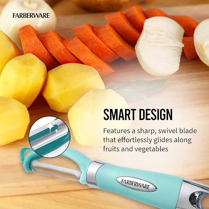 Farberware Vegetable Peeler, Pro2 Euro Peeler with Sharp Stainless Steel Swivel Blade and Ergonomic Handle, Dishwasher Safe, Aqua Sky