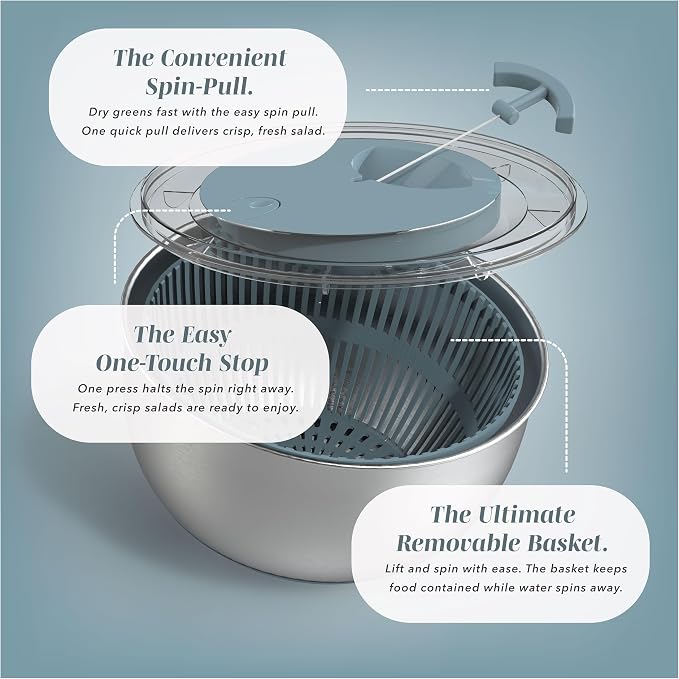 COOK WITH COLOR Stainless Steel Salad Spinner - 5 Qt. Lettuce Washer And Vegetable Spinner Dryer for Easy Salad Prep - Non Slip Base with Pull Handle - Auto Stop Brake System, Stain and Odor Resistant