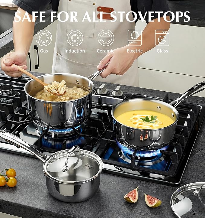 KOCH SYSTEME CS Triply Stainless Steel Saucepan Set, 1QT & 2QT & 3QT Stainless Steel Pot Set with lid, Diswasher & Oven Safe, Induction Compatible Pot, 6PCS