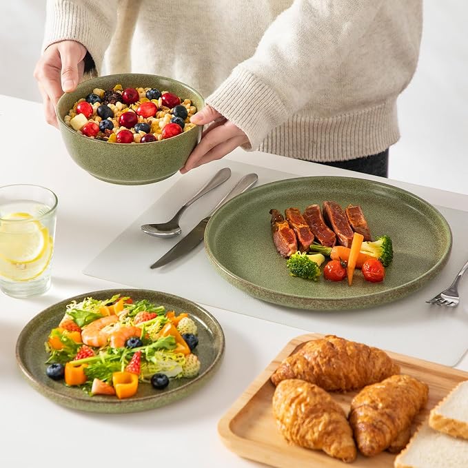 vancasso ZERMATT 18 Pieces Stoneware Dinnerware, Plates and Bowls Set for 6 | Dinnerware Set for 6 in Mossy Green Reactive Glaze Stoneware, Kitchen Dinner Set, Microwave and Dishwasher Safe
