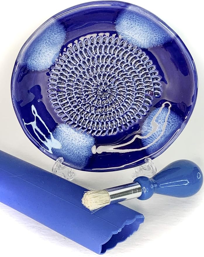 Premium Ceramic Garlic Grater Plate Set - Blue Cross Glazed | All-in-One 4-Piece Set includes 5.25" Plate, Peeler, Brush, and Stand - For Garlic, Ginger, Fruits, Strawberries, and more!