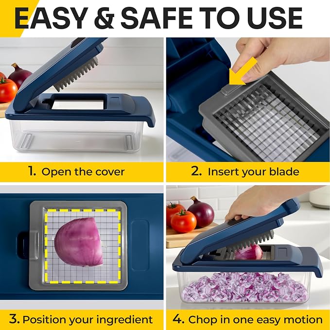 UltraChop All-In-1 Vegetable Chopper, Blue | 12 Blade Heavy Duty, Food Chopper Container, Spiralizer, Mandoline Slicer Onion Mincer, French Fry And Salad Cutter
