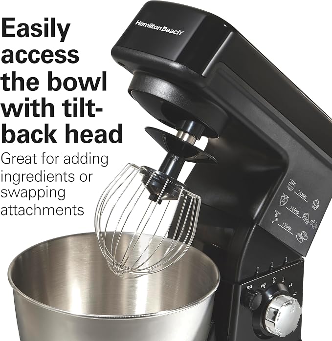 Hamilton Beach 6 Speed Electric Stand Mixer with Stainless Steel 3.5 Quart Bowl, Planetary Mixing, Tilt-Up Head, 300W Motor, Black (63325)