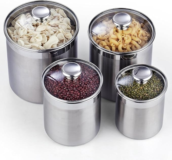 Cooks Standard Large Airtight Kitchen Canister Set for Coffee, Flour & Sugar Storage – 18/10 Stainless Steel Food Storage Containers with Glass Lid – Pantry Organization Jars, 4 Pack (5 Qt to 1.6 Qt)
