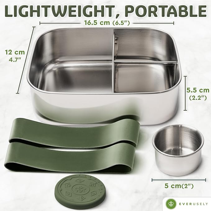 Stainless Steel Bento Box + Condiment Container - Sage, 27oz / 0.8 L | Everusely metal lunch box, leakproof sauce container, 3 compartment snack organizer for travel, freezer & dishwasher safe