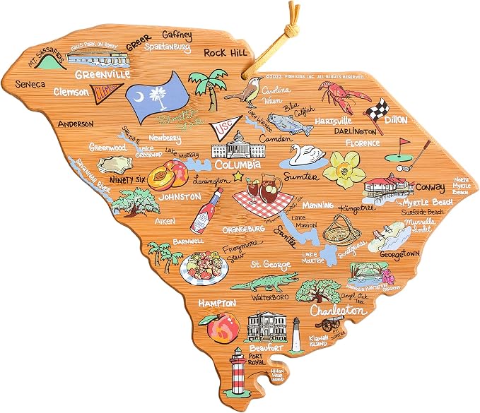 Totally Bamboo South Carolina State Shaped Cutting Board, Art by Fish Kiss | State charcuterie board with colorful hand-drawn map artwork. Smooth reverse side for food prep. Hang tie for wall display.