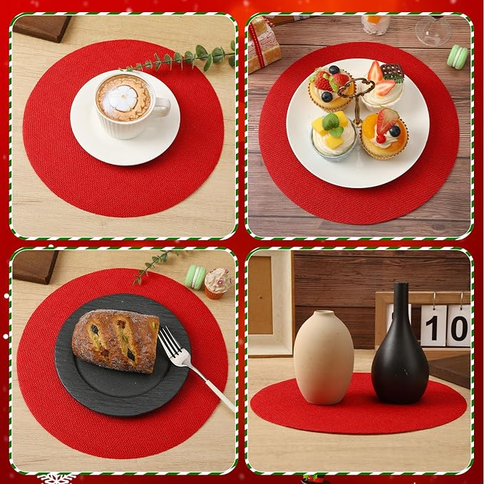 24 Pcs Red Burlap Round Placemats, Christmas Table Mats | Jute Fiber Placemats, 11.8 Inch, Heat Resistant Non Slip, Holiday Weddings Birthday Party, Kitchen Dining Tables