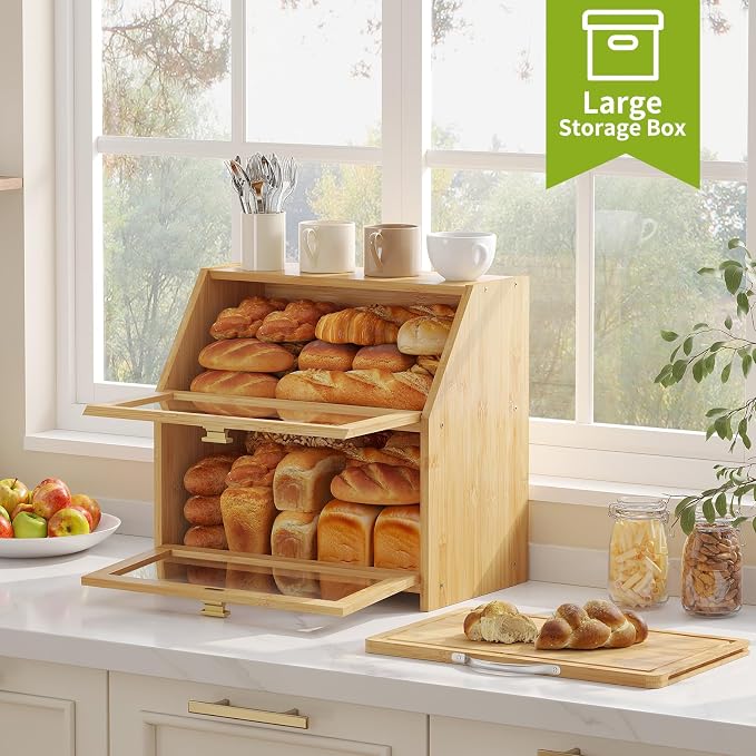 BMOSU Bread Box with Cutting Board for Kitchen Countertop Corner Bread box Double Layer Bamboo Extra Large Capacity Bin Kitchen Food Storage Container (Natural)
