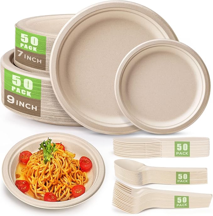 250Pcs Disposable Paper Plates Compostable Plates and Utensils | Eco Friendly Dinnerware Kit Includes 50 Biodegradable Plates, Forks, Knives and Spoons for Brithday Party Camping Picnic