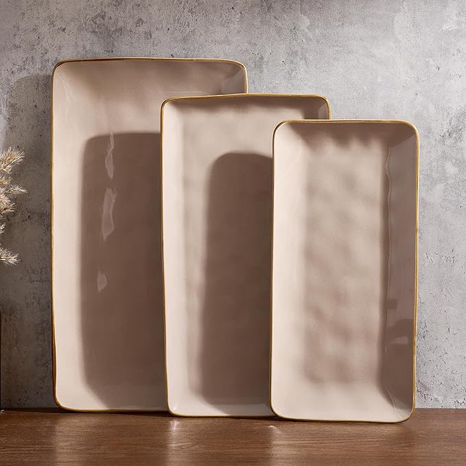 Famiware Serving Platters Set of 3 Sizes - Rectangular, Cinnamon Brown | 15.67"/14.1"/12.6" Fine Stoneware Serving Trays for Party, Entertaining for Food, Turkey, Cheese, Microwave Dishwasher Safe