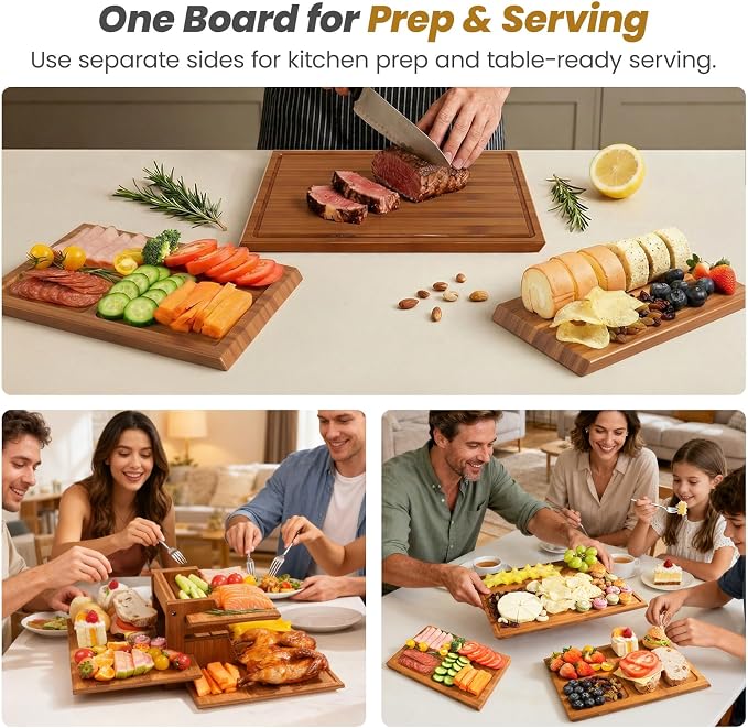 Bamboo Cutting Board for Kitchen, Double-Sided with Stand, Brown | 3-piece Chopping Board Set With Juice Grooves, Vertical Storage Rack, and Comfort Side Handles for Effortless Meal Prep