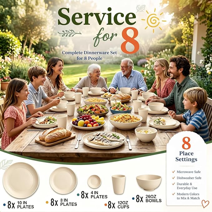 Unbreakable Plates Bowls and Cups Set, Wheat Straw Dinnerware Sets | 40PCS Dish Set, Bowls/Cups/Sauce Dishes/Deep Plate Sets for 8, Dishwasher Safe Daily Living Dinnerware for Dinner,Patio,Beige