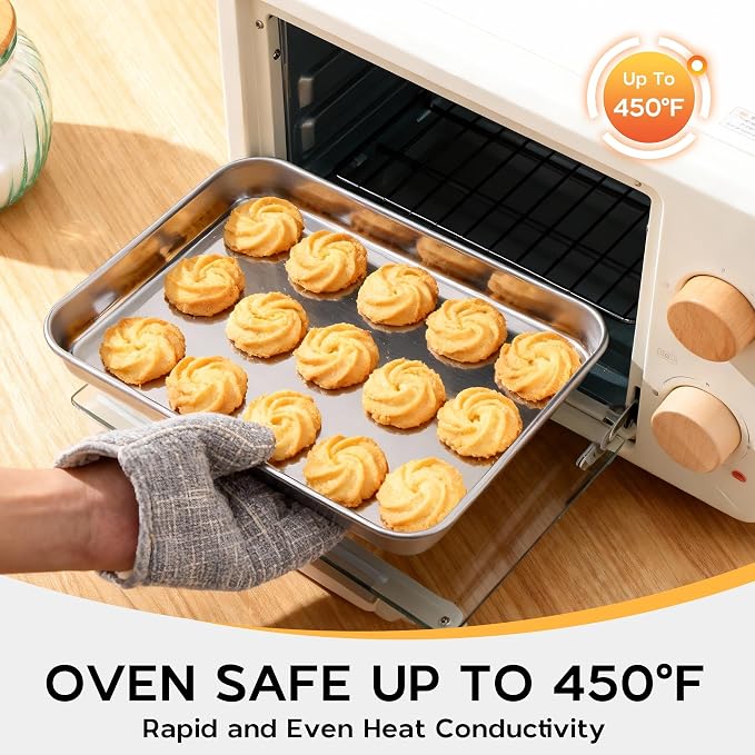 Onader Baking Sheet Pan Tray Set of 2, Stainless Steel Small Baking Cookie Sheets, 9 x 7 Inch Mini Toaster Oven Trays, Food-Grade Durable Mirror Finish & Dishwasher Safe